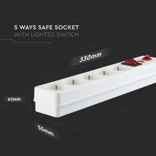 V-TAC 5-ös elosztó, túlfeszültség elleni védelemmel, kapcsolóval,h 3G 1.5mm x 1.4m - 8818