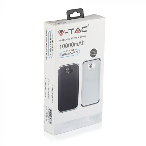 V-TAC Powerbank kijelzővel, vezeték nélküli töltéssel 10000mAh fekete - 8855