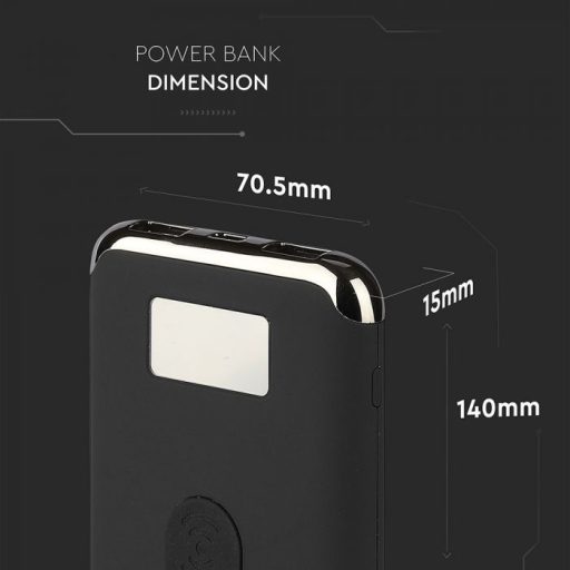 V-TAC Powerbank kijelzővel, vezeték nélküli töltéssel 10000mAh fekete - 8855