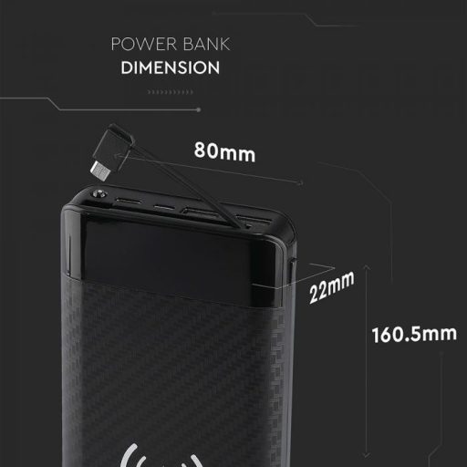 V-TAC POWER BANK (hordozható töltő) beépített micro USB kábellel 20.000 mAh - fekete - 8859