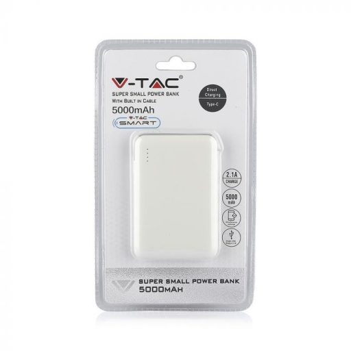 V-TAC POWER BANK (hordozható töltő) 5000mAh LED kijelző, beépített kábellel - fehér - 8864
