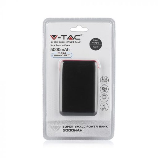 V-TAC POWER BANK (hordozható töltő) 5000mAh LED kijelző, beépített kábellel - fekete - 8865