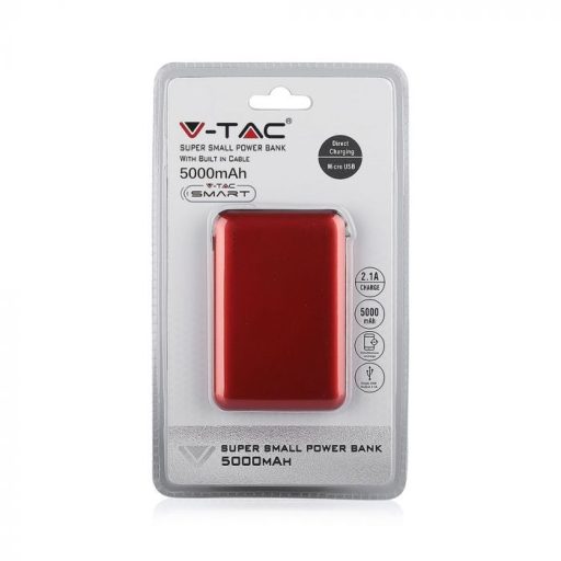 V-TAC POWER BANK (hordozható töltő) 5000mAh LED kijelző, beépített kábellel - piros - 8866
