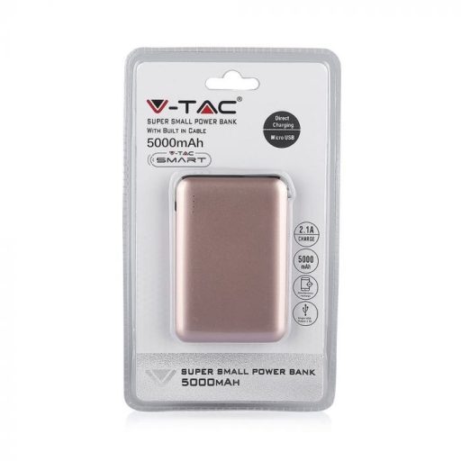 V-TAC POWER BANK (hordozható töltő) 5000mAh LED kijelző, beépített kábellel - rozé arany - 8867