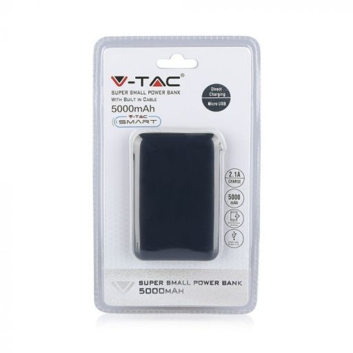 V-TAC POWER BANK (hordozható töltő) 5000mAh LED kijelző, beépített kábellel - kék - 8868