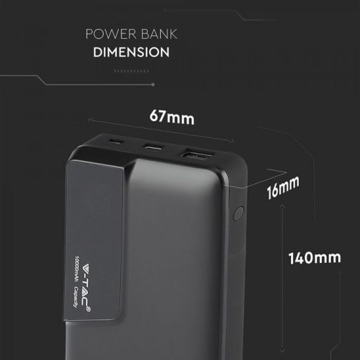 V-TAC POWER BANK (hordozható töltő) 10000mAh digitális kijelző, USB C - fekete - 8869