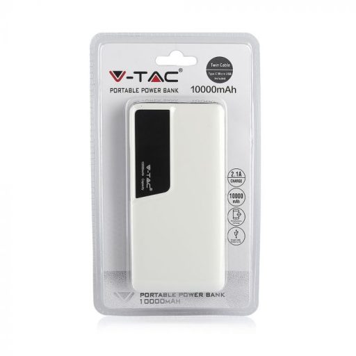 V-TAC POWER BANK (hordozható töltő) 10000mAh digitális kijelző, USB C - fehér - 8870