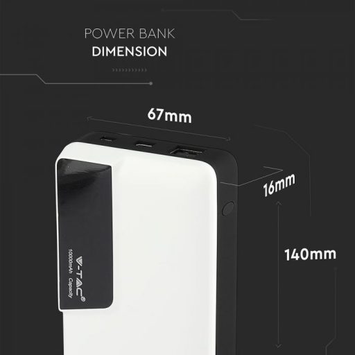 V-TAC POWER BANK (hordozható töltő) 10000mAh digitális kijelző, USB C - fehér - 8870