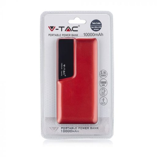 V-TAC POWER BANK (hordozható töltő) 10000mAh digitális kijelző, USB C - piros - 8871