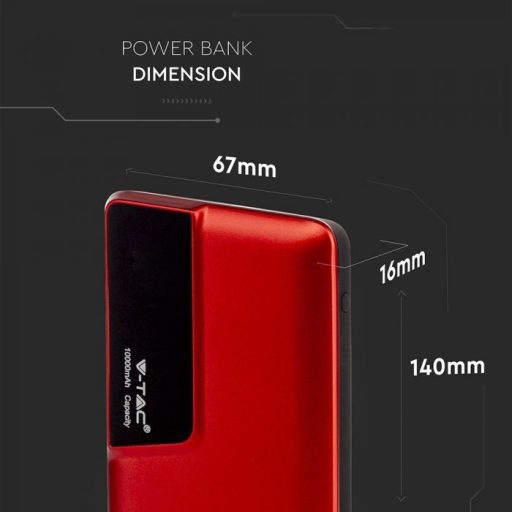 V-TAC POWER BANK (hordozható töltő) 10000mAh digitális kijelző, USB C - piros - 8871