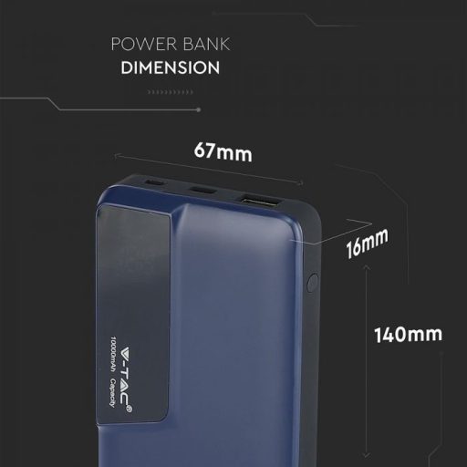 V-TAC POWER BANK (hordozható töltő) 10000mAh digitális kijelző, USB C - Kék - 8872