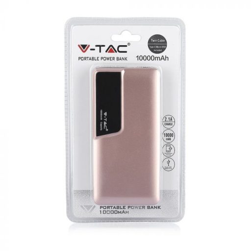 V-TAC POWER BANK (hordozható töltő) 10000mAh digitális kijelző, USB C - rozé arany - 8873