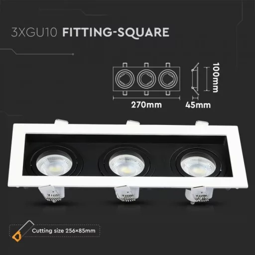 V-TAC Led 3 x GU10 Spot Keret Négyzet fehér-fekete - alumínium - 8878