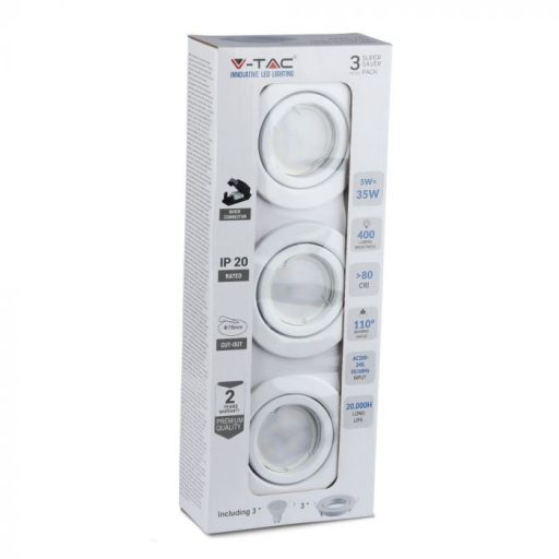 V-TAC LED spotlámpa  csomag (3 db  + 3 db fehér keret) GU10 MR16 5W 110° 6400K spot - 8883