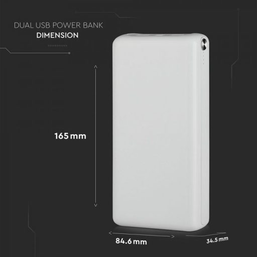 V-TAC POWER BANK (hordozható töltő) 30.000 mAh Dual USB - fehér - 8902