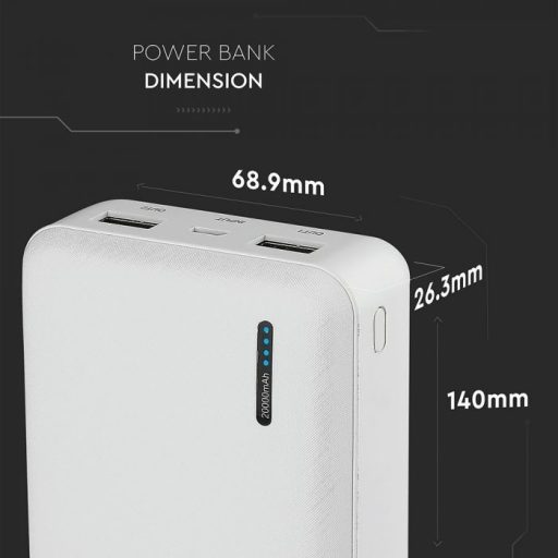 V-TAC Power Bank (hordozható töltő) 20000mAh fehér - 8904