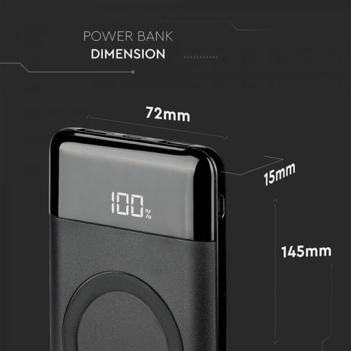 V-TAC POWER BANK Vezeték nélküli töltő 10.000 mAh Dual USB+C, kijelzővel - fekete - 8905