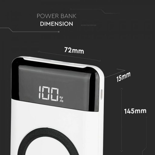 V-TAC POWER BANK Vezeték nélküli töltő 10.000 mAh Dual USB+C, kijelzővel - fehér - 8906