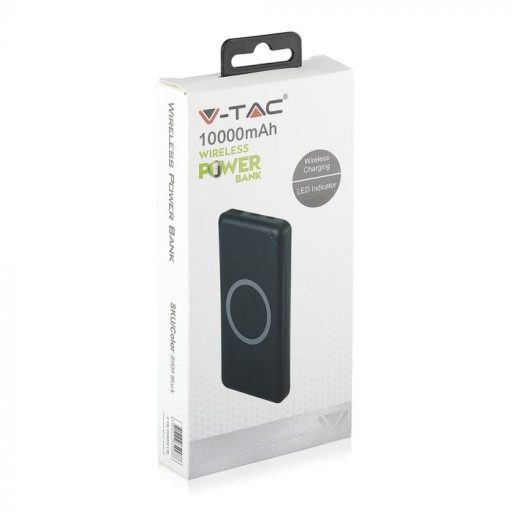 V-TAC POWER BANK (hordozható töltő), Vezeték nélküli töltéssel 10.000mAh USB C kábellel - fekete - 8909