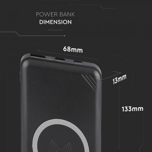 V-TAC POWER BANK (hordozható töltő), Vezeték nélküli töltéssel 10.000mAh USB C kábellel - fekete - 8909