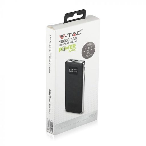 V-TAC POWER BANK (hordozható töltő) 10.000mAh dupla USB + kijelző  - fekete - 8910