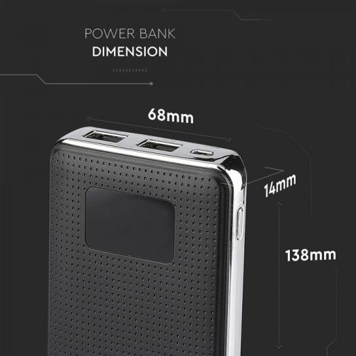 V-TAC POWER BANK (hordozható töltő) 10.000mAh dupla USB + kijelző  - fekete - 8910