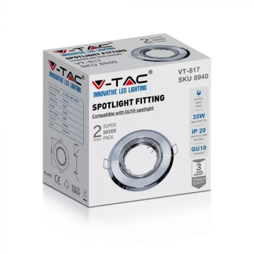 V-TAC Króm beépíthető és billenthető kör alakú GU10 spot keret csomag (2db) - 8940