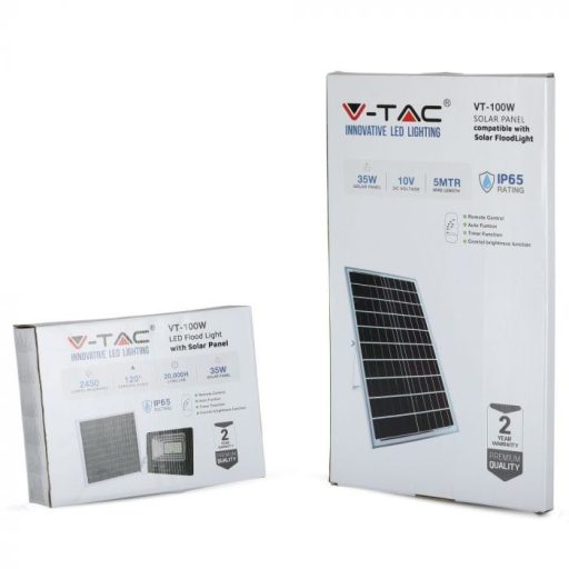 V-TAC 35W LED napelemes (SOLAR) reflektor távirányítóval 120° 6000K fekete házas  - 94012