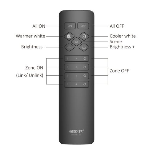 Mi Light - Miboxer RF dimmer távirányító egyszínű LED szalaghoz 4 zónás -fekete - C1