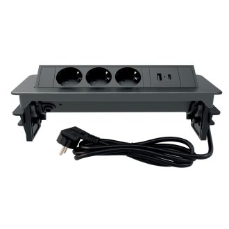   Commel bútorba építhető elosztó 3680W 3x16A 1xUSB A+C 250V 2m fekete kerettel - 235-102