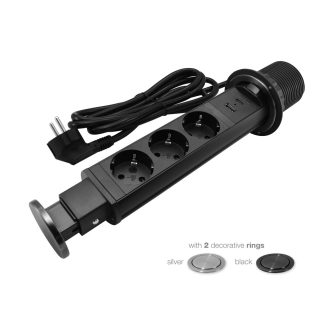   Commel bútorba építhető elosztó 3680W 3x16A 1xUSB A+C 250V 2m fekete+szürke gyűrűvel - 235-121