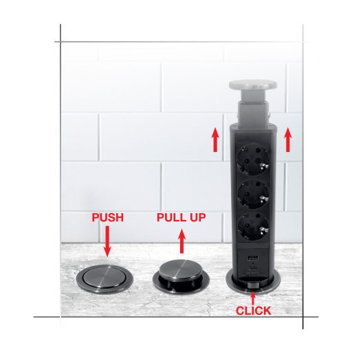 Commel bútorba építhető elosztó 3680W 3x16A 1xUSB A+C 250V 2m fekete+szürke gyűrűvel - 235-121
