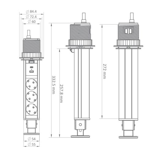Commel bútorba építhető elosztó 3680W 3x16A 1xUSB A+C 250V 2m fekete+szürke gyűrűvel - 235-121