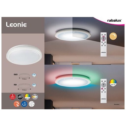 Rábalux Leonie Mennyezeti lámpa LED 32W CCT, dimmelhető, RGB, távirányítóval, időzítő funkcióval, csillogó effekt, állítható színhőmérséklet IP20 fehér RAB1510