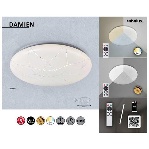 Rábalux Damien Mennyezeti lámpa LED 24W WiFi kapcsolattal vezérelhető, CCT, dimmelhető, távirányítóval, időzítő funkció, állítható színhőmérséklet IP20 fehér RAB5540