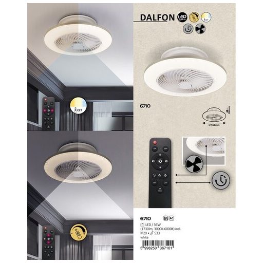 Rábalux Dalfon Mennyezeti lámpa LED 36W CCT, dimmelhető, távirányítóval, időzítő funkcióval, ventilátor IP20 fehér RAB6710