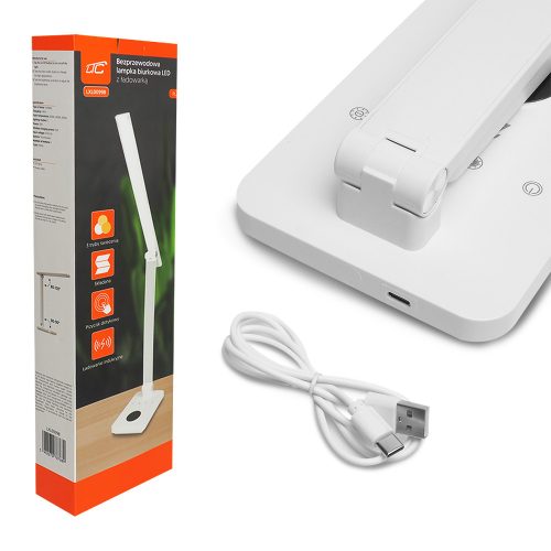 FL LED asztali lámpa 10W állítható színhőmérséklet és fényerő, vezeték nélküli telefon töltővel - fehér - RTV0400170