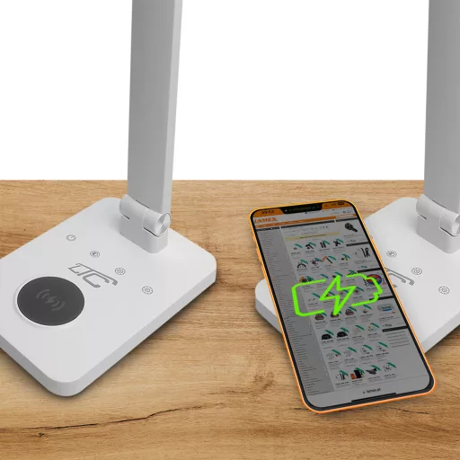 FL LED asztali lámpa 10W állítható színhőmérséklet és fényerő, vezeték nélküli telefon töltővel - fehér - RTV0400170