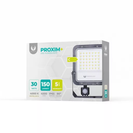 FL PROXIM+ 30W, 4500 lumen, 4000K, mozgásérzékelős LED reflektor 90° 150lm/W fekete házas - RTV200084