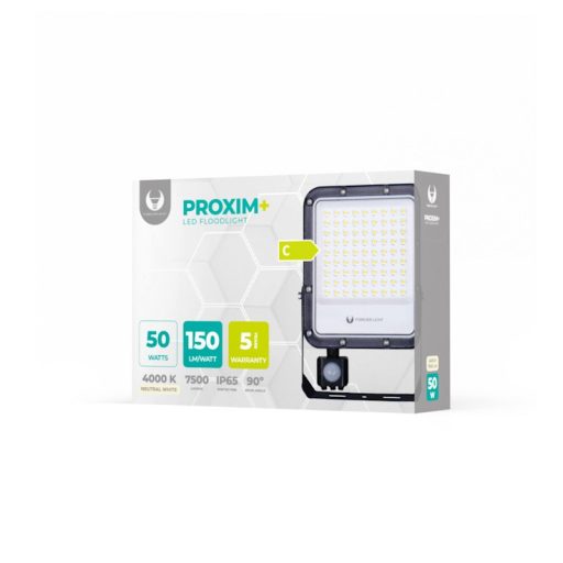 FL PROXIM+ 50W, 7500 lumen, 4000K, Mozgásérzékelős LED reflektor 90° 150lm/W fekete házas - RTV200088