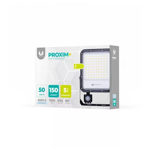 FL PROXIM+ 50W, 7500 lumen, 6500K,  Mozgásérzékelős LED reflektor 90° 150lm/W fekete házas - RTV200089