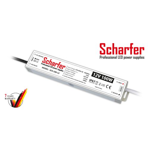 Scharfer LED Fémházas szerelhető vízálló tápegység 100W 8.33A 12V IP67 - SCH-100-12