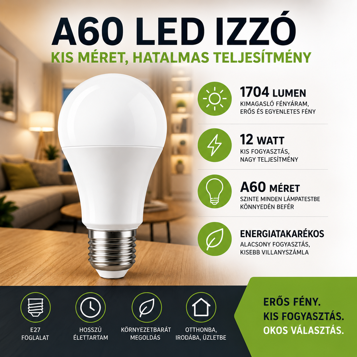 A60 LED izzó 12 Watt teljesítménnyel és 1704 lumen fényerővel – Kis fogyasztás, óriási fényerő