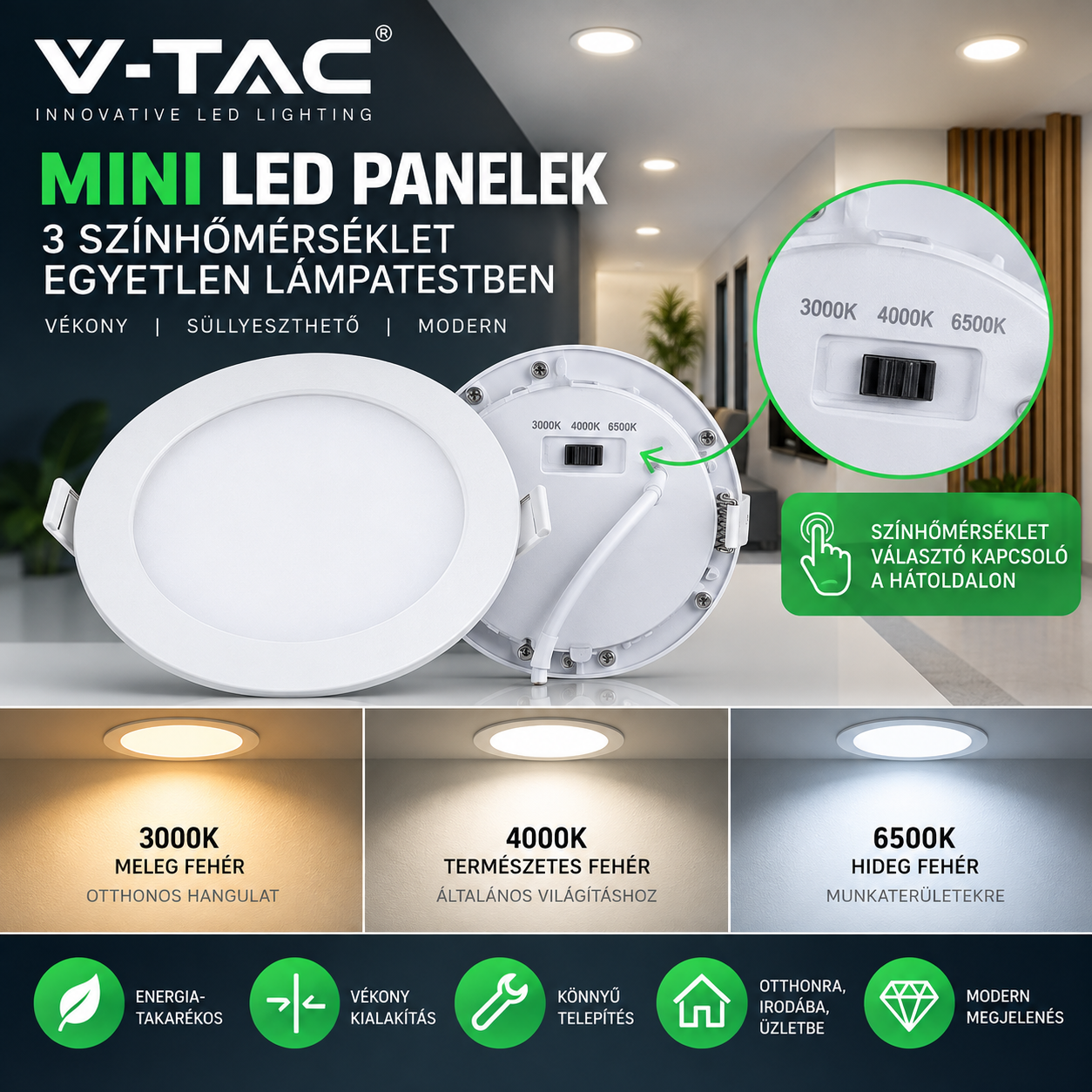 V-TAC vékony 3CCT MINI LED panelek – 3 színhőmérséklet egy lámpatestben!